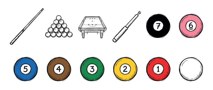 Hand-drawn billiard game equipment set with colorful pool balls, cues, a table, and a triangle rack in a sketchy doodle style illustration for sports and leisure concepts