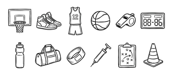 Fototapeta premium Collection of hand-drawn basketball sport icons featuring a ball, hoop, jersey, sneakers, whistle, and training equipment in a black and white doodle style