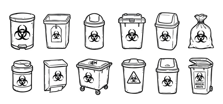 Collection of hand-drawn medical waste containers with biohazard symbols, showcasing various types of bins, bags, and sharps disposal units in a black and white sketch style