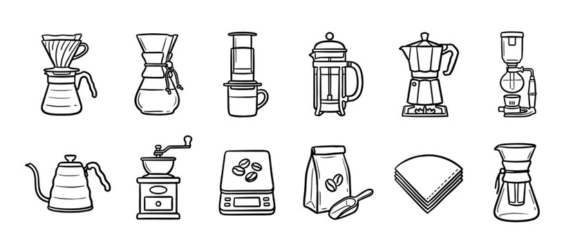 Set of coffee brewing equipment icons in a hand-drawn doodle style showing various methods like pour-over, french press, moka pot, and a siphon for making specialty drinks