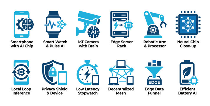 Blue edge computing and artificial intelligence icons showing concepts like IoT, neural chips, smart devices, privacy, and data processing in a flat, modern infographic style