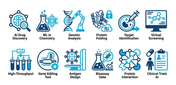 Set of blue line icons representing artificial intelligence in drug discovery and biotechnology, illustrating concepts like genetic analysis, protein folding, and virtual screening
