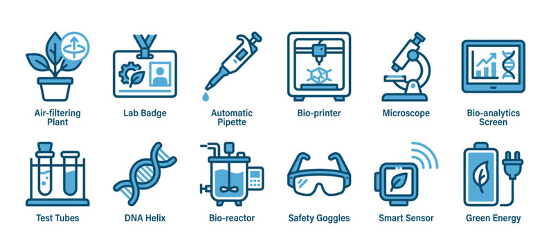 Set of blue line art icons for biotechnology and scientific research showing a microscope, DNA helix, test tubes, and green energy symbols in a clean, modern vector illustration