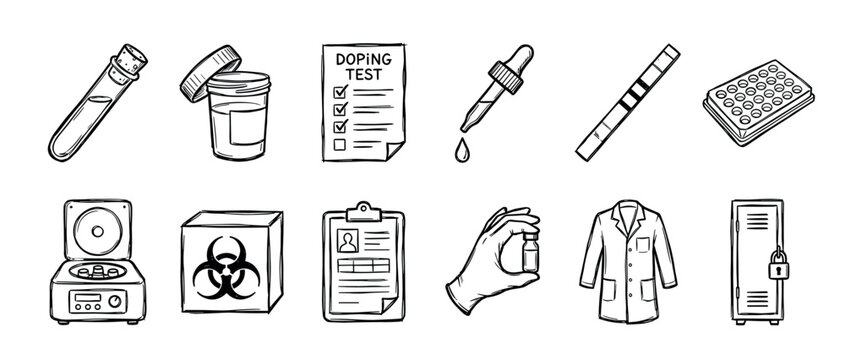 Doping test icon set with laboratory equipment including a test tube, sample, centrifuge, and biohazard symbol in a hand-drawn black and white sketch style illustration