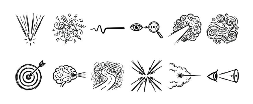 Set of hand-drawn sketch icons illustrating concepts of chaos to clarity, problem-solving, strategic vision, and achieving goals, presented in a simple black doodle style