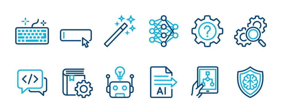 Collection of blue line art icons representing artificial intelligence, machine learning, coding, and automation with symbols like a robot, neural network, and gears