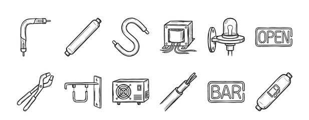 Fototapeta premium Set of hand-drawn electrical components for neon signs including tubes, a transformer, power supply, and tools, illustrated in a black and white doodle style collection