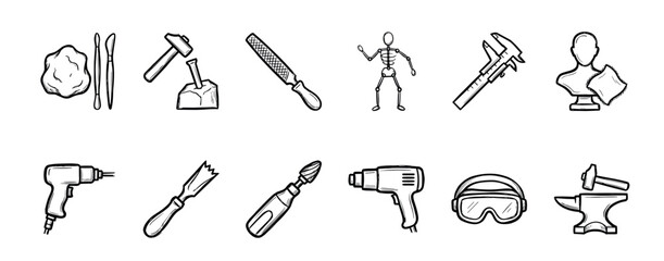 Obraz premium Hand-drawn black and white icons of sculpting tools for carving and modeling arranged in a set, including a hammer, chisel, clay, anvil, and other workshop equipment in a sketch style