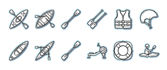 Set of kayaking and canoeing equipment icons in a hand-drawn doodle style, including boats, paddles, a life vest, helmet, lifebuoy, and a rowing machine for water sports