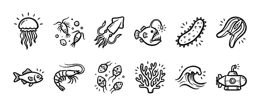 Set of hand-drawn sea life icons featuring a jellyfish, squid, anglerfish, shrimp, and submarine in a cute black and white doodle style with simple line art illustrations of ocean creatures