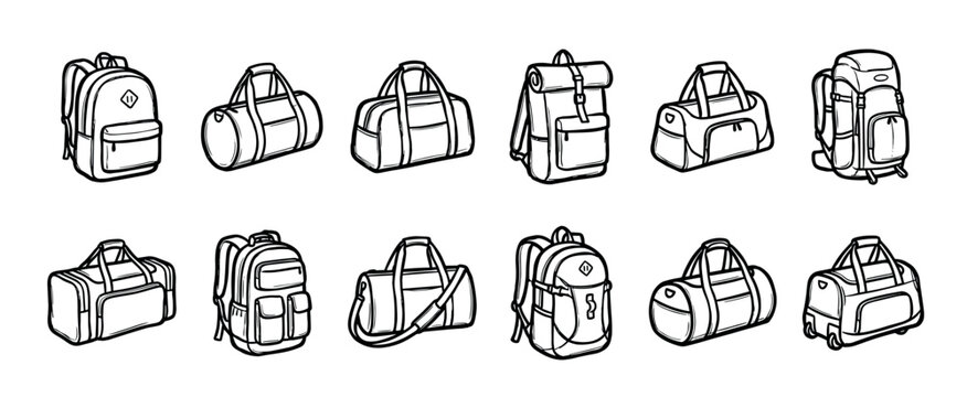Collection of various bags and backpacks in a hand-drawn line art style, featuring different types of luggage like duffel bags, rucksacks, and travel packs for sport and tourism