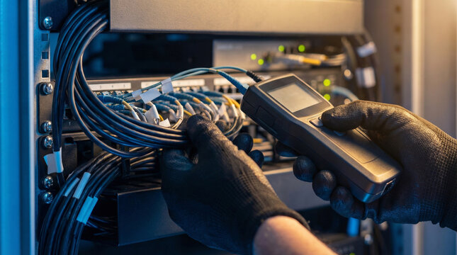 Technician using network cable tester for diagnostics in server rack, data center maintenance
