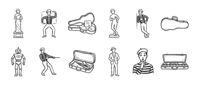 Set of hand-drawn doodle icons featuring mimes, statues, a robot, and musical instrument cases in a simple black and white sketch style illustration collection