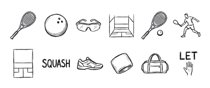Hand-drawn squash sport icon set with racket, ball, court, player, and equipment in a black and white doodle sketch style for athletic and recreational game concepts