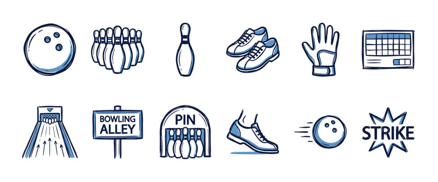 Collection of hand-drawn bowling icons featuring a ball, pins, shoes, glove, and scoreboard in a blue and black doodle sketch style for sports and recreation concepts