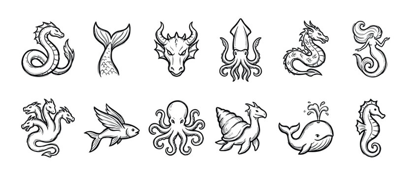 Set of mythological marine animal illustrations in a monochrome hand-drawn tattoo art style, showing a hydra, sea dragon, kraken, mermaid, and other fantasy beasts