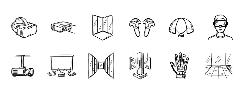 Set of virtual reality icons hand-drawn in a black and white sketch style, including a headset, controllers, projector, and haptic glove for immersive technology concepts