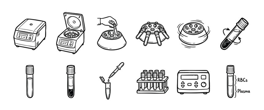 Hand-drawn icon set of laboratory equipment for blood centrifugation, showing a centrifuge machine, test tubes, and the separation of plasma from red blood cells in a sketch style
