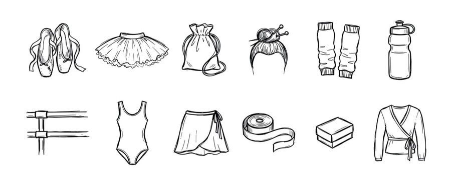 Hand-drawn set of ballet accessories and dancewear essentials including pointe shoes, a tutu, and a leotard in a black and white doodle sketch style illustration