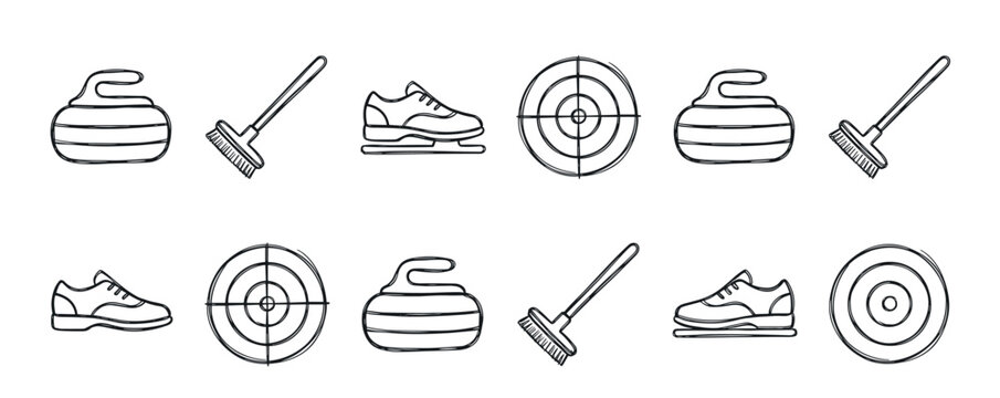 Set of hand-drawn curling sport icons featuring stones, brooms, shoes, and targets in a simple black outline doodle style, illustrating winter game equipment