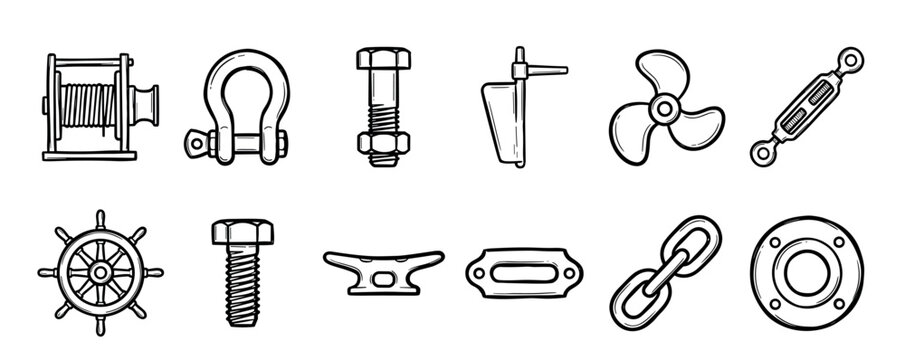 Hand-drawn set of nautical icons featuring marine hardware and ship parts like a winch, shackle, propeller, and helm, presented in a black outline sketch style illustration