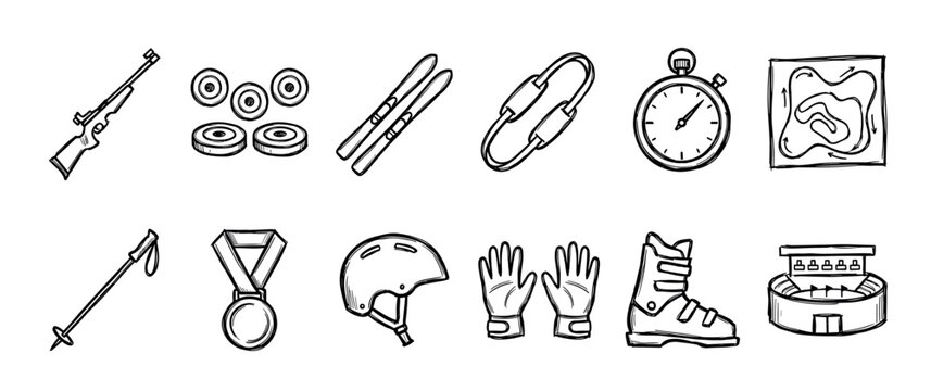 Hand drawn black and white biathlon icons showing sports equipment and symbols for competition, including a rifle, targets, skis, medal, and stopwatch in a doodle sketch style