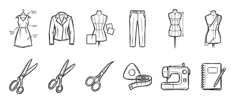 Hand-drawn sewing and tailoring icons set with a sewing machine, mannequin, scissors, and clothes for fashion design, presented in a black and white sketch illustration
