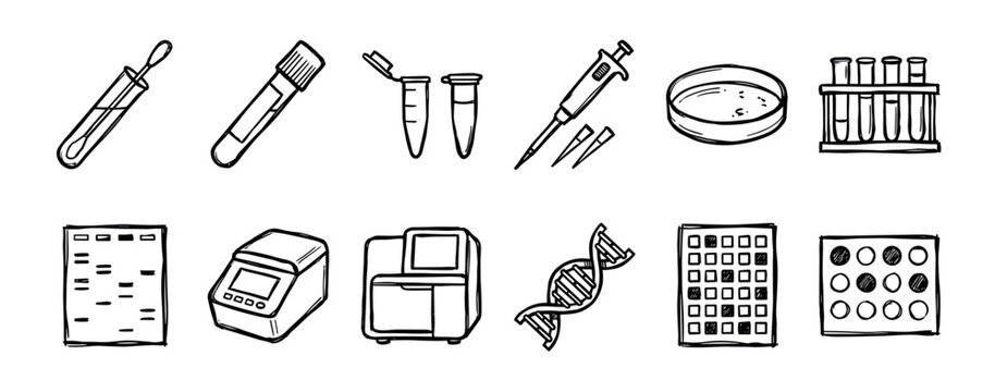 Hand-drawn molecular biology laboratory equipment icons set in a black and white doodle style, including DNA helix, PCR machine, test tubes, and pipette for scientific illustration