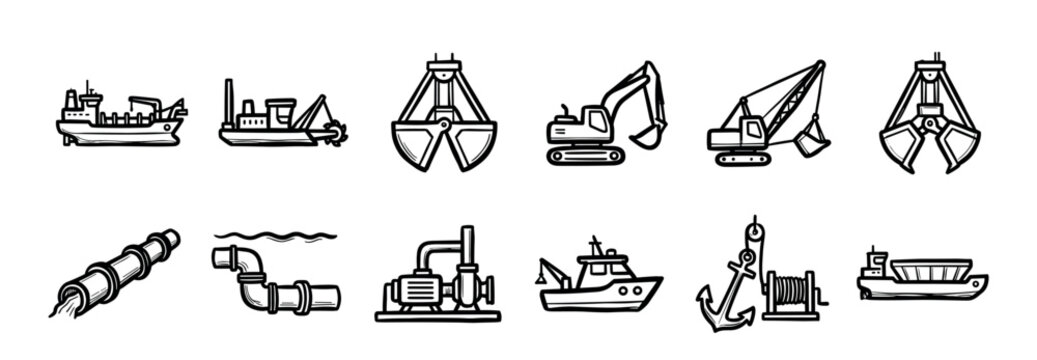 Dredging and marine construction equipment icon set with hand-drawn illustrations of a dredger ship, excavator, crane, pipeline, and grab bucket in a monochrome line art style