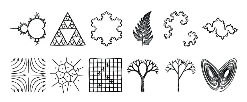 Hand-drawn collection of various fractal, chaos theory, and mathematical diagrams including the Mandelbrot set, Sierpinski triangle, and Lorenz attractor in a black ink sketch style
