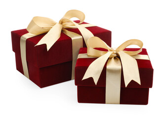 Obraz premium Saint Valentine's day. Beautiful velvet gift boxes isolated on white