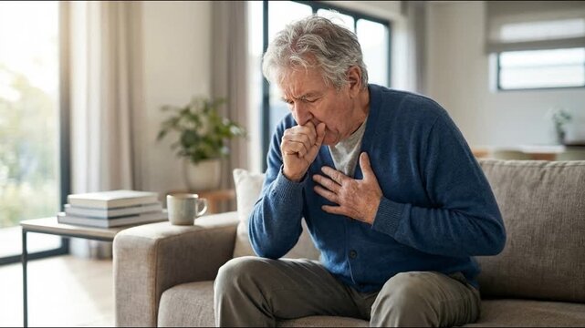 A senior man sitting on a sofa holding his chest and coughing, showing respiratory discomfort, health concerns, and a moment of physical distress at home.