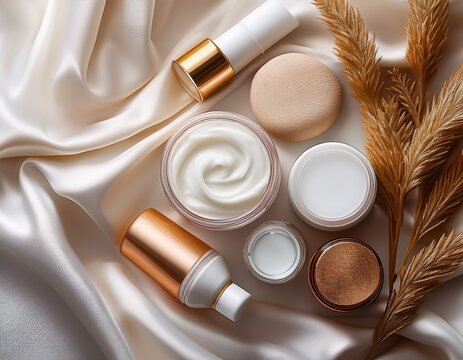dynamic flat lay of skincare products arranged on white satin background with calming hues