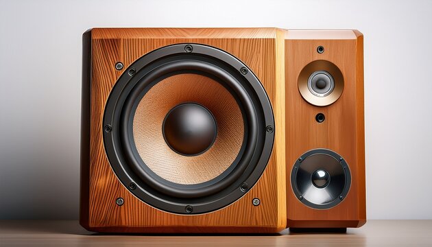 a vintage wooden speaker with a woofer and tweeter stands against a white background showcasing its classic design and potential for high quality sound reproduction