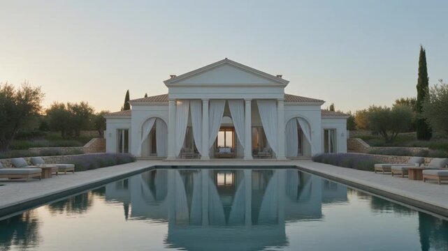 A grand neoclassical villa with a symmetrical pool at sunset, reflecting elegant architecture, luxury lifestyle, and a serene atmosphere of exclusivity and timeless design.