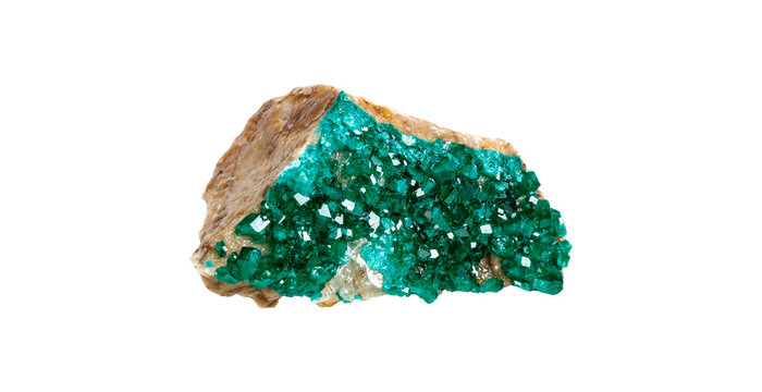 Raw dioptase mineral specimen with transparent crystalline structure. Beautiful natural gemstone sample from copper deposits, featuring vivid emerald-green coloration and matrix texture.