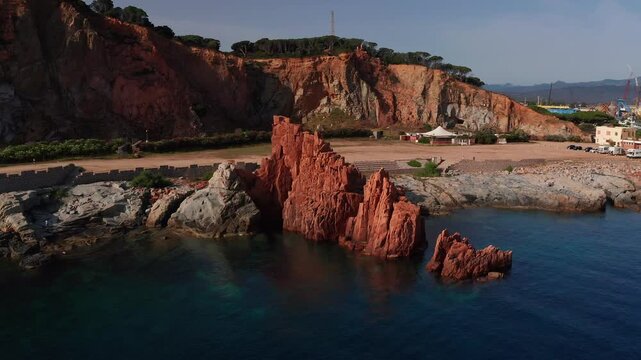 Aerial view of Red Rocks in Arbatax, Tortol&igrave;, Ogliastra, Nuoro, Sardinia, Italy, Europe