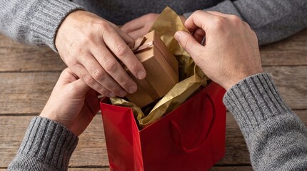 Two individuals sharing a small thoughtful brown gift box wrapped with a ribbon being carefully removed from a vibrant red shopping bag filled with gold tissue paper on a wooden surface close up.