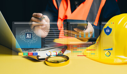 AI construction management concept, engineer using smartphone with artificial intelligence dashboard and security interface, project tracking, data protection, smart infrastructure analytics system