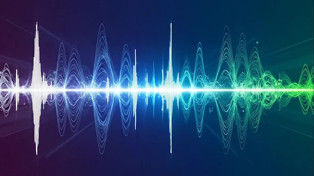 Abstract digital sound wave equalizer with vibrant blue and green lines on a dark background, representing dynamic audio visualization.