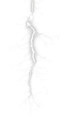 Fototapeta premium Realistic lightning bolt isolated on transparent background. Electric thunderbolt strike, high voltage storm discharge, natural energy flash for design overlay.