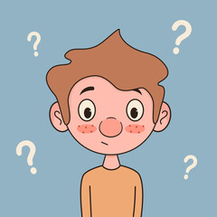 cute hand drawn cartoon character little boy confused with question mark funny concept vector illustration isolated on blue background