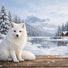 Majestic Arctic Fox on Wooden Floor, Winter Wildlife Scene, Pristine White Fur Against Snowy Forest Background