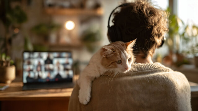 Remote worker with cat on shoulder during video call