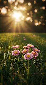 Beautiful pink flowers in a green grassy field at sunset with sun rays shining through