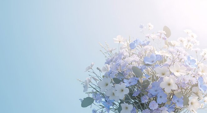 beautiful bouquet of white and blue flowers against soft gradient background
