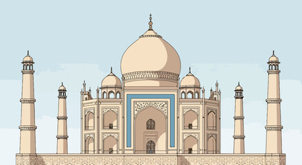Obraz premium Illustration of the Taj Mahal with its distinctive domes and minarets set against a light blue sky with white clouds.