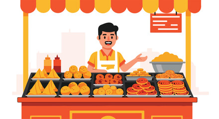 Flat illustration of a man standing behind a food cart filled with various pastries and sandwiches under a colorful awning.
