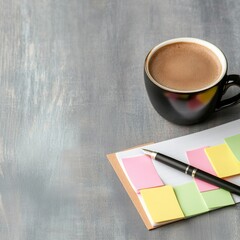 A warm cup of coffee sits next to a notepad with colorful sticky notes and a pen, suggesting ideas and planning. Coffee, Planning