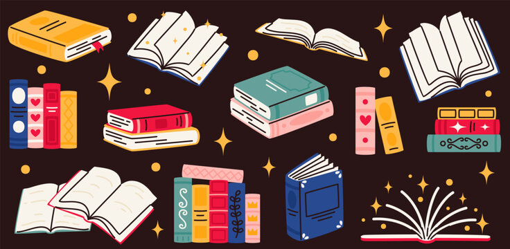 A set of reading books on a dark background. Educational literature, stacks of books.